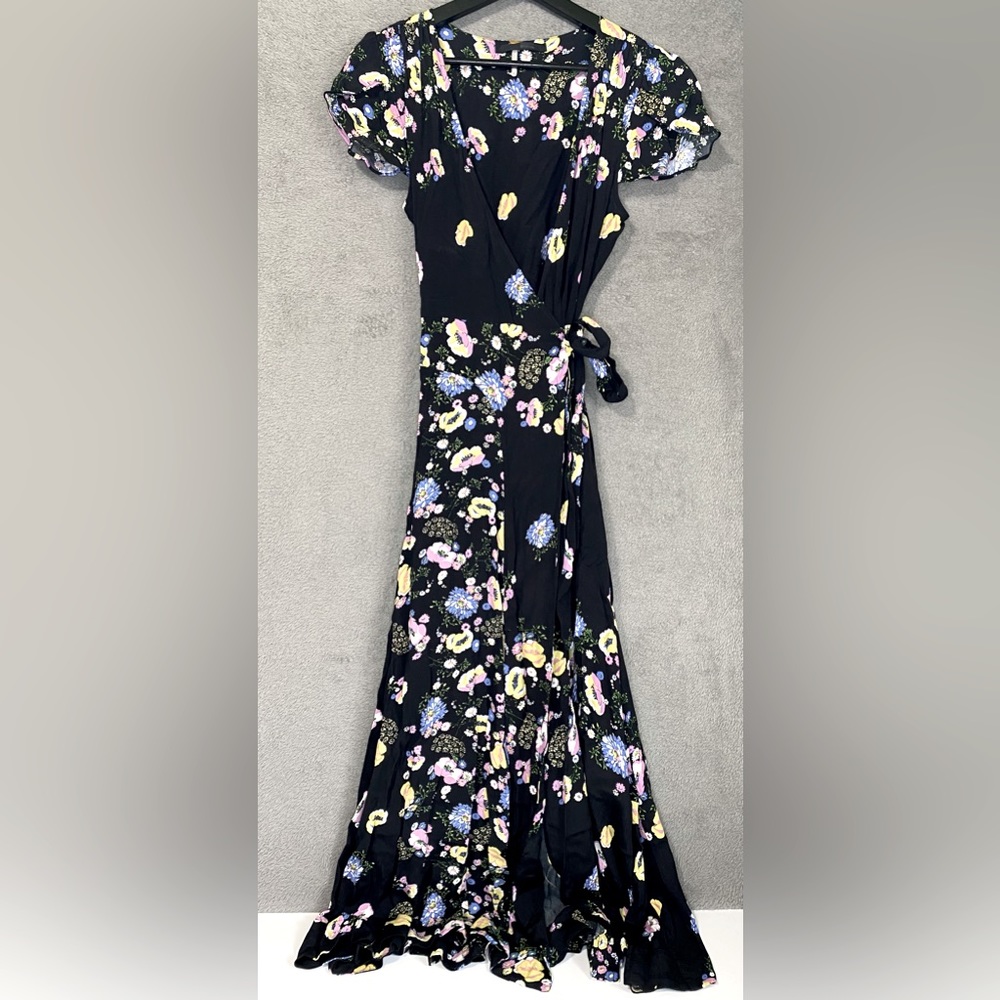 Free People Gorgeous Jess Floral Maxi Wrap Dress Women’s Sz XS Black Tropical